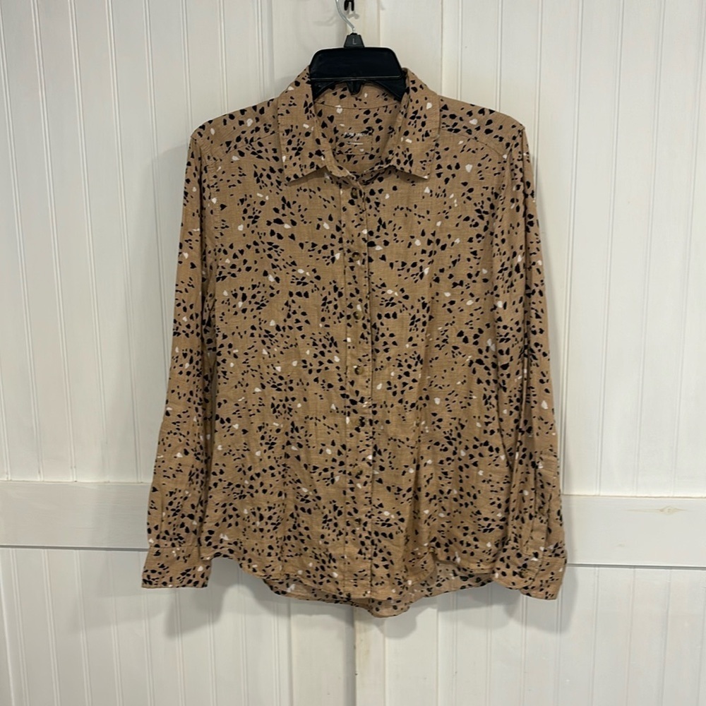 Marks & Spencer Pure Linen brown/black printed blouse size 12 made in Bangladesh